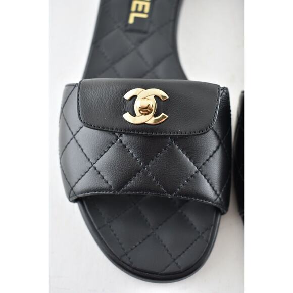 Chanel REV Black Turnlock Quilted Gold CC Logo Mules Slide Sandal Flop Flat 37 - Picture 8 of 12